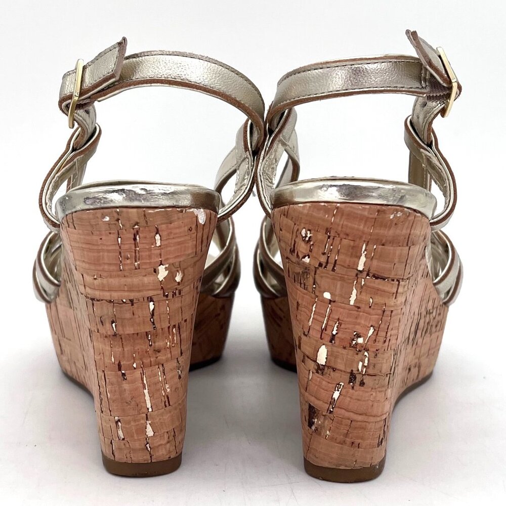 Lauren Ralph Lauren Gold Strappy Cork Wedge Sandals Womens 7.5 Adjustable Strap - Picture 4 of 14